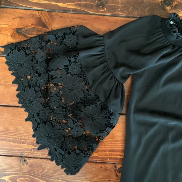 Joseph Ribkoff Guipure Bell Sleeve Women's X-Small Lace Trim A-Line Black Dress - Picture 10 of 15